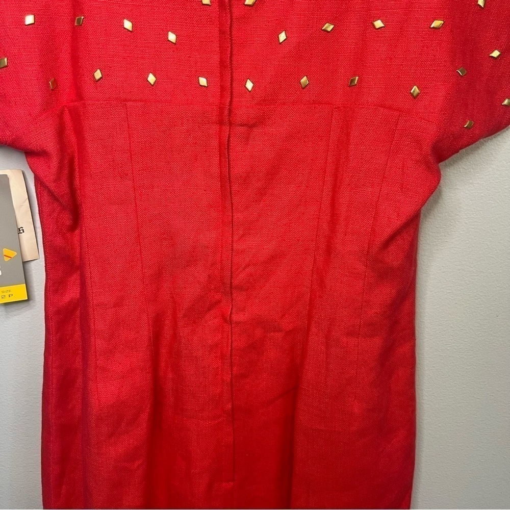 NEW Liz Claiborne 100% Linen Shift Dress Gold Studs Square Neck Petite Sz 2 Red - Picture 11 of 15